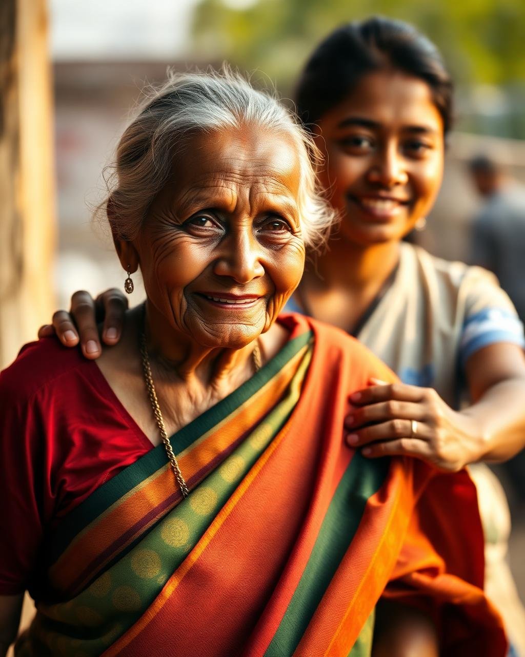 Volunteer supporting an elderly woman